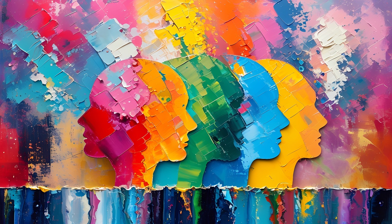 Kleurrijk schilderij van mensprofielen — neurodiversiteit